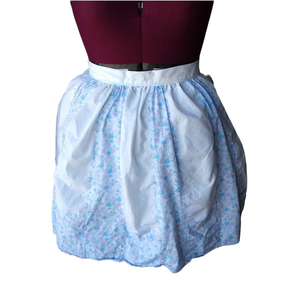 Vintage Handmade Half Skirt Apron white and blue floral panels cottagecore